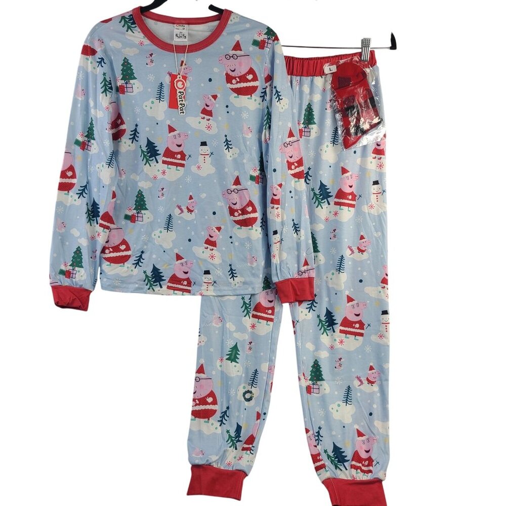 Peppa Pig Womens Christmas Pajama Set Blue With Red Trim Size M By PatPat
